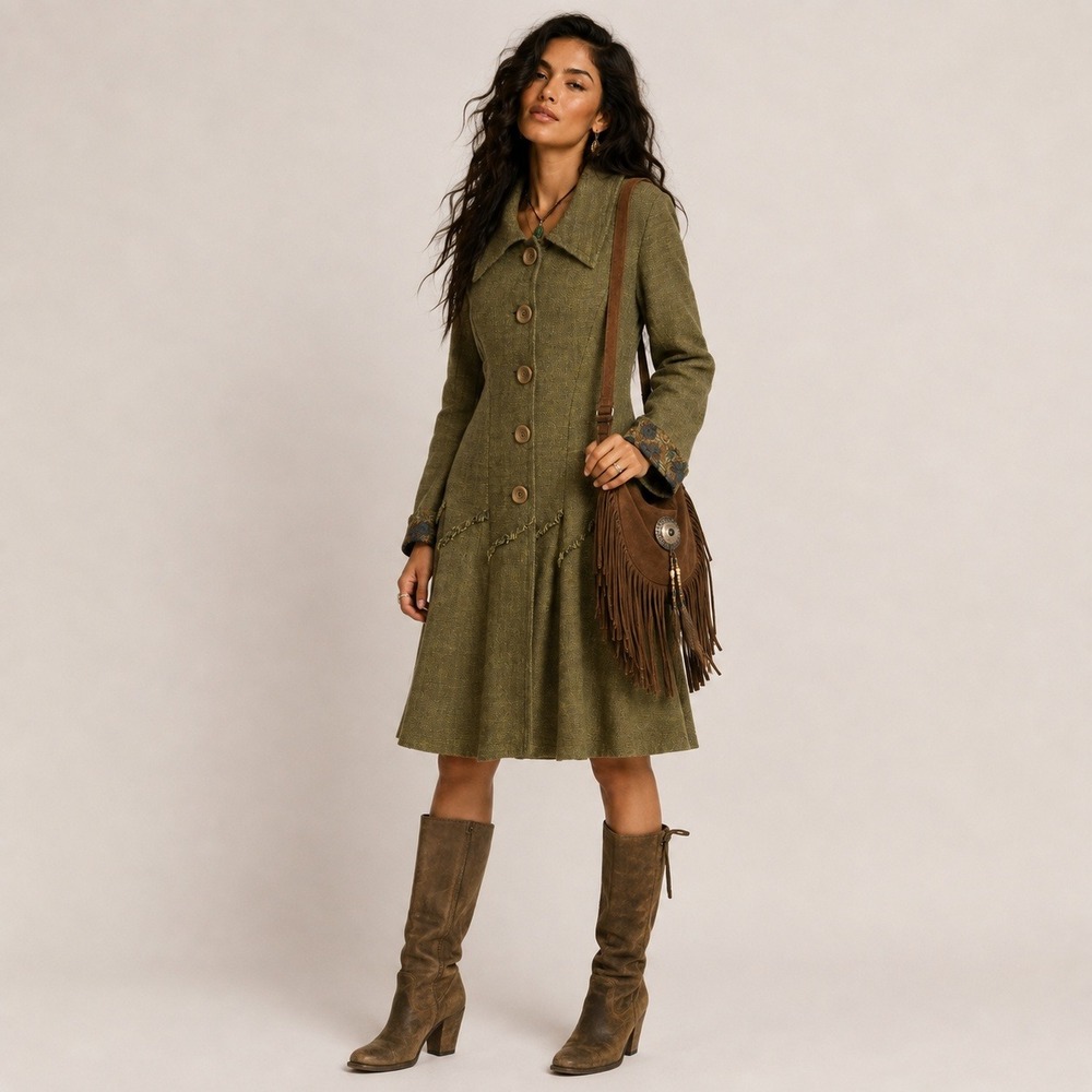 Nomads Fair Trade Olive Green Fit and Flare Button Front Coat Size L